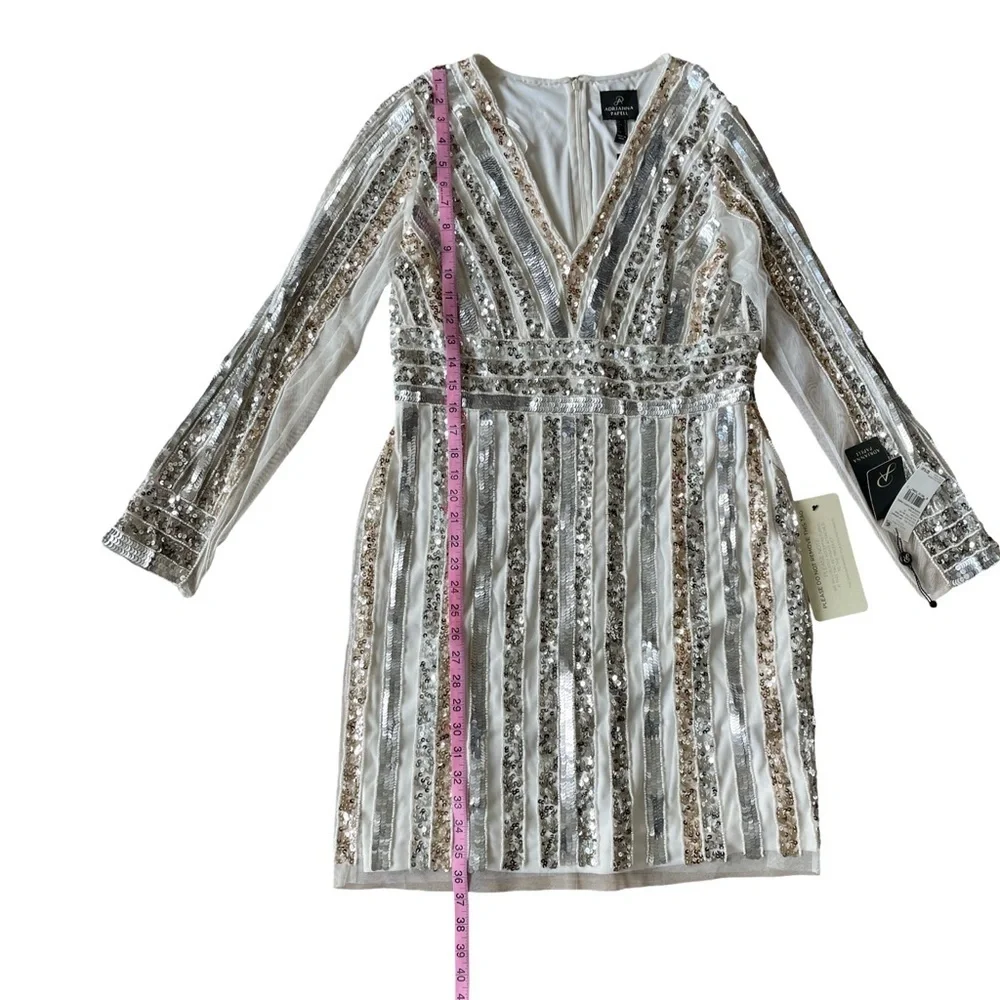 Adrianna Papell Ivory, Silver and Gold Stripe Sequin and Bead Sheath Dress 14